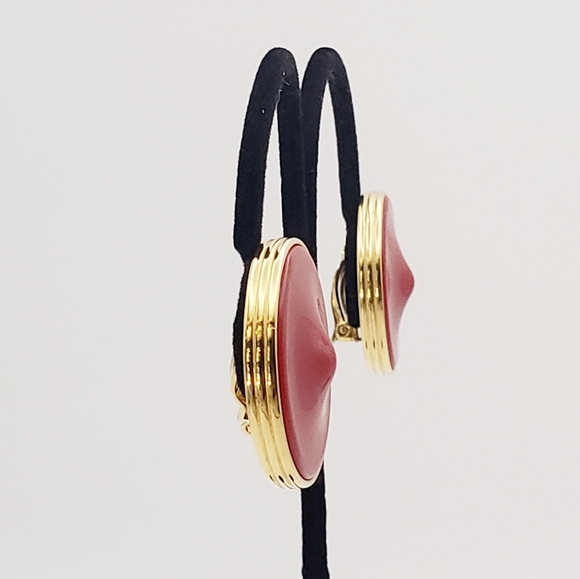 Vintage Red Givenchy Lucite Round Discs Clips Gold Tone - Picture 4 of 10